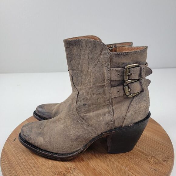 Lucchese Catalina Distessed Brown Leather Booties US 7 B Buckle Western Zip Up - Picture 1 of 14